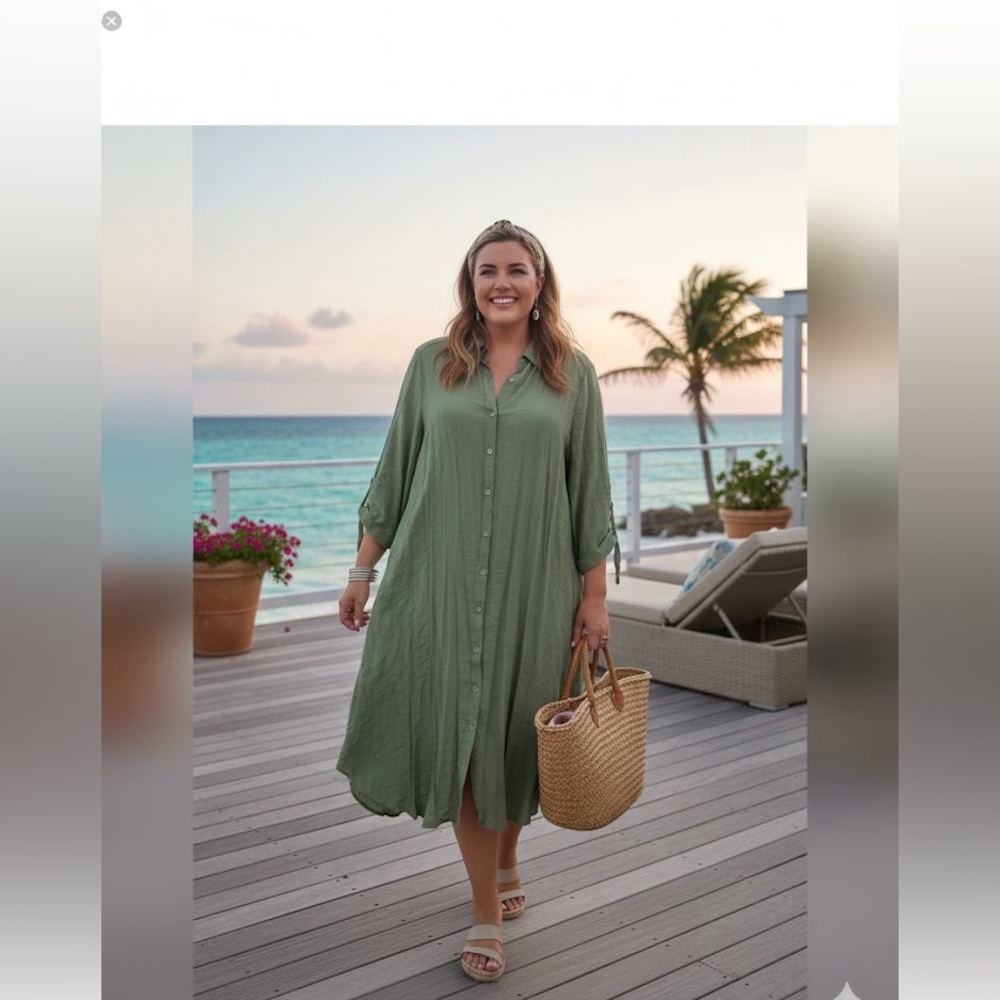 Mlle Gabrielle Sage Green Button Front Shirt Dress Plus 2x